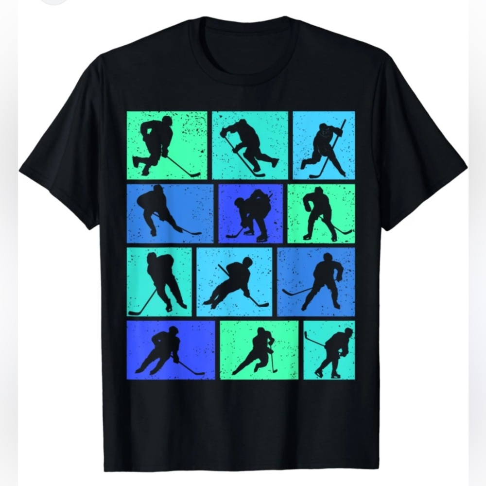 Port and Company Black Short Sleeve Tee with Blue and Green Hockey Graphic